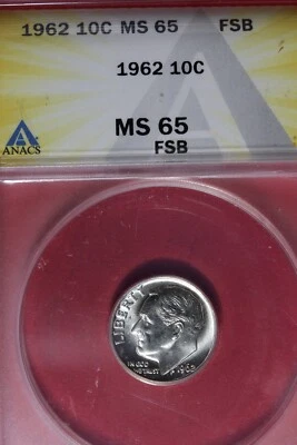1962 - ANACS 10C MS65 FSB ROOSEVELT DIME #B48532 - Image 1 of 2
