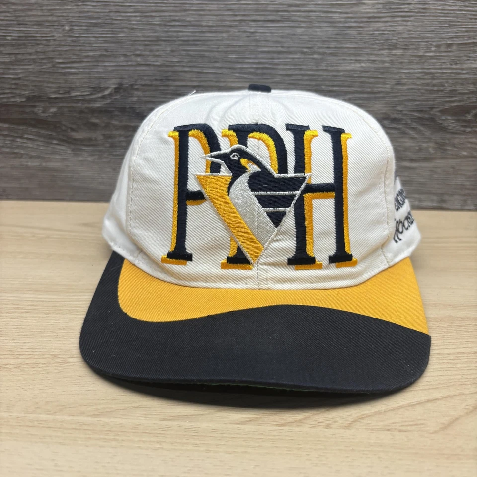 Vintage Pittsburgh Penguins Hat Cap Snap Back Mens NHL Hockey White Black 90s - Image 1 of 4