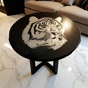 Black Marble Round Table | Tiger Art Mother of Pearl Inlay | Handmade Furniture - Picture 1 of 9