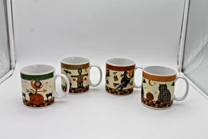 Juego de 4 tazas de Halloween Debbie Mumm Sakura 1998 gato, bruja, calabaza, espantapájaros - Imagen 1 de 22