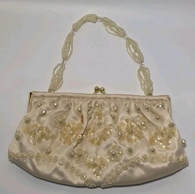 La Regale Champagne Satin Mesh Beaded Sequin Clutch Pearl Strap Evening Purse - Image 1 of 4