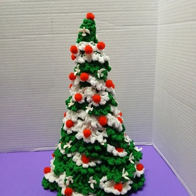 VINTAGE Handmade CROCHET 13” Christmas Tree Green/White Yarn w/ Red Poms retro - Image 1 of 4