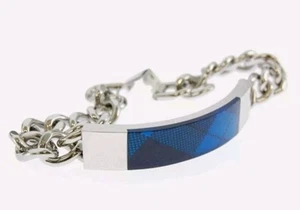 MENS BRACELET ID BEN SHERMAN STAINLESS STEEL TARTAN BLUE - Picture 1 of 10
