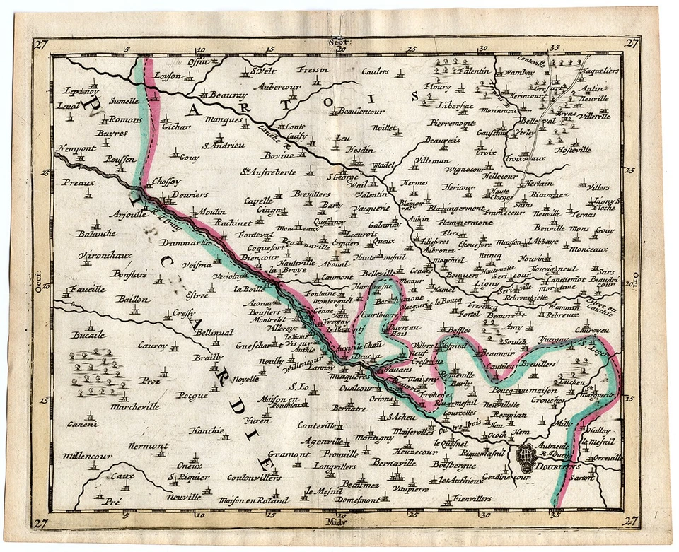 Mapa antiguo raro 27-FRANCIA-PICARDÍA-DOURLENS-DOURIERS-Sanson-Mortier-1701 Foto 1 de 1