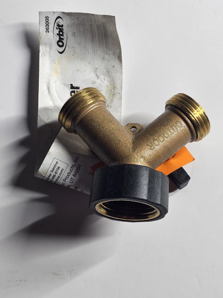 Adaptador de grifo divisor de manguera de jardín de latón Orbit de doble salida Foto 1 de 4