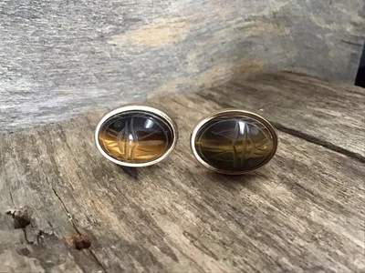 Vintage FOSTER Carved Scarab Beetle Tigers Eye Cufflinks - Image 1 of 4