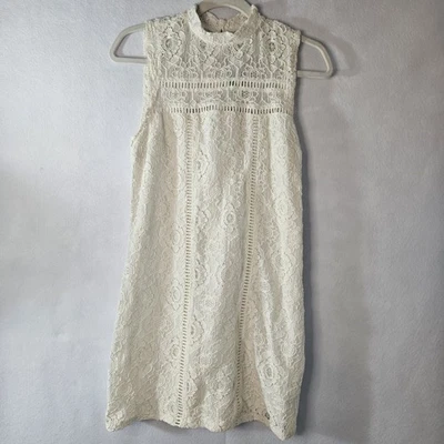Mini Vestido HOLLISTER Talla 3 Blanco Crema Encaje Sin Mangas Cuello Alto Vaina Foto 1 de 4