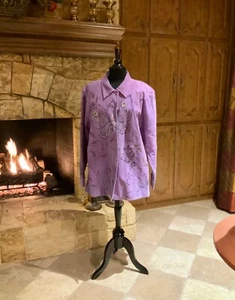 “QUACKER FACTORY” PRINTED & BEADED BUTTERFLY LINED SUEDE JACKET SZ XL FABULOUS!! - Picture 1 of 11