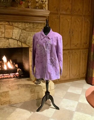 “QUACKER FACTORY” PRINTED & BEADED BUTTERFLY LINED SUEDE JACKET SZ XL FABULOUS!! - Image 1 of 4