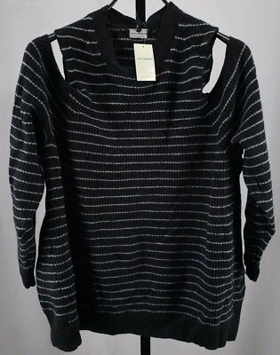 LUCKY BRAND  Womens Plus 3X Open Shoulder Striped Sweater Black Gray NEW - Image 1 of 4