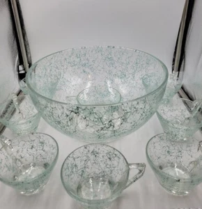 Teal ATOMIC GLASS PUNCH MIXING SERVING BOWL & 8 CUPS Spaghetti Swirl Drizzle MCM - Picture 1 of 9