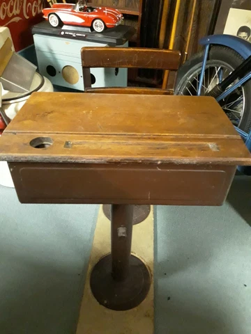 Vintage 1930's Adjustable School Desk and Swivel Chair W Ink Well Cover