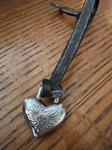 Puffy Silver Heart Hang Fob Purse Charm Strap Brown Leather - Picture 1 of 7