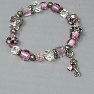Glass Bead Necklace Pink Clear Cube Breast Cancer Awareness Dangle Stretch 7" - Picture 1 of 11