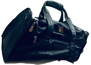 SHARPER IMAGE WEEKEND GYM TRAVEL DUFFLE BAG. BLACK LEATHER MULTI POCKETS - Picture 1 of 9