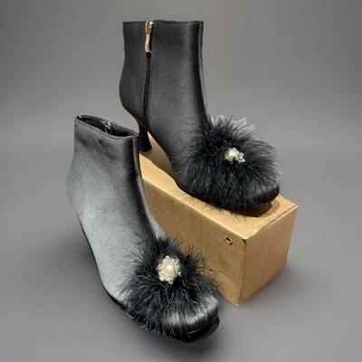 Женские 9 М черный атлас платье ботинок перо со стразами прихоти туфли на шпильке молнии - Изображение 1 из 4