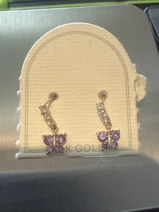 Kids butterflies Stud Earrings With Purple Cubic Zirconia In 14K Solid Yellow - Picture 1 of 5