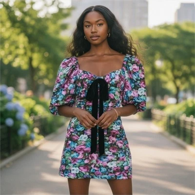 For Love & Lemons Marley Mini Dress In Blue Women Size Large Floral New Ruched - Image 1 of 4