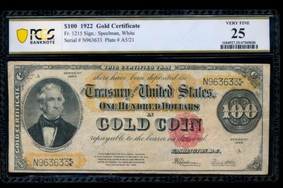 AC Fr 1215 1922 $100 CERTIFICADO ORO PCGS 25 Foto 1 de 2