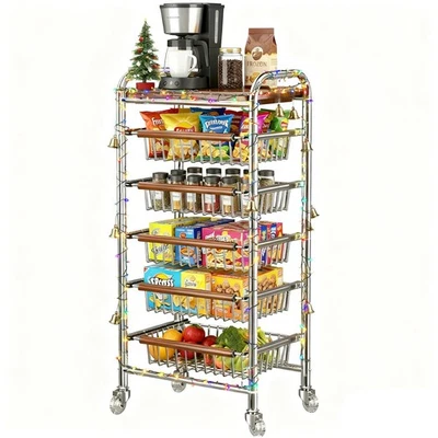 Cesta de Frutas y Verduras, Carro de Almacenamiento de Cocina de 5 Niveles con Panel de Madera y Pul... Foto 1 de 4