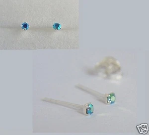 925 Sterling Silver 1.5mm Small Tiny Aqua BLUE AB Crystal Stud Earrings Nose Pin - Picture 1 of 4