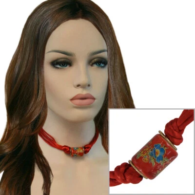 Ожерелье винтажное колье из керамических бусин с цветочным рисунком красное узловатое - Изображение 1 из 4