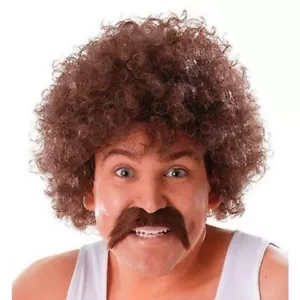 Mens 80's Running Man Scouser 118 118 Style Brown Curly Wig And Tash Set - Picture 1 of 3