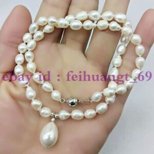 Natural White 7-8mm Cultured Rice Shaped Pearl &Shell Pearl Pendant Necklace 18"