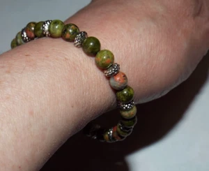 Armband Bunt Grün Pfirsich Unakit Jaspis Edelstein Silber Blume - Bild 1 von 3