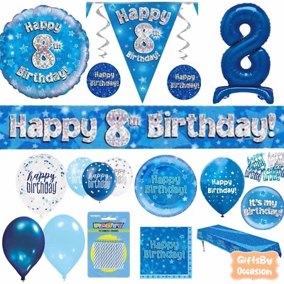 OAKTREE UK Blue 8th Birthday Decorations Happy Party Banner Bunting Balloons Candle Age 8