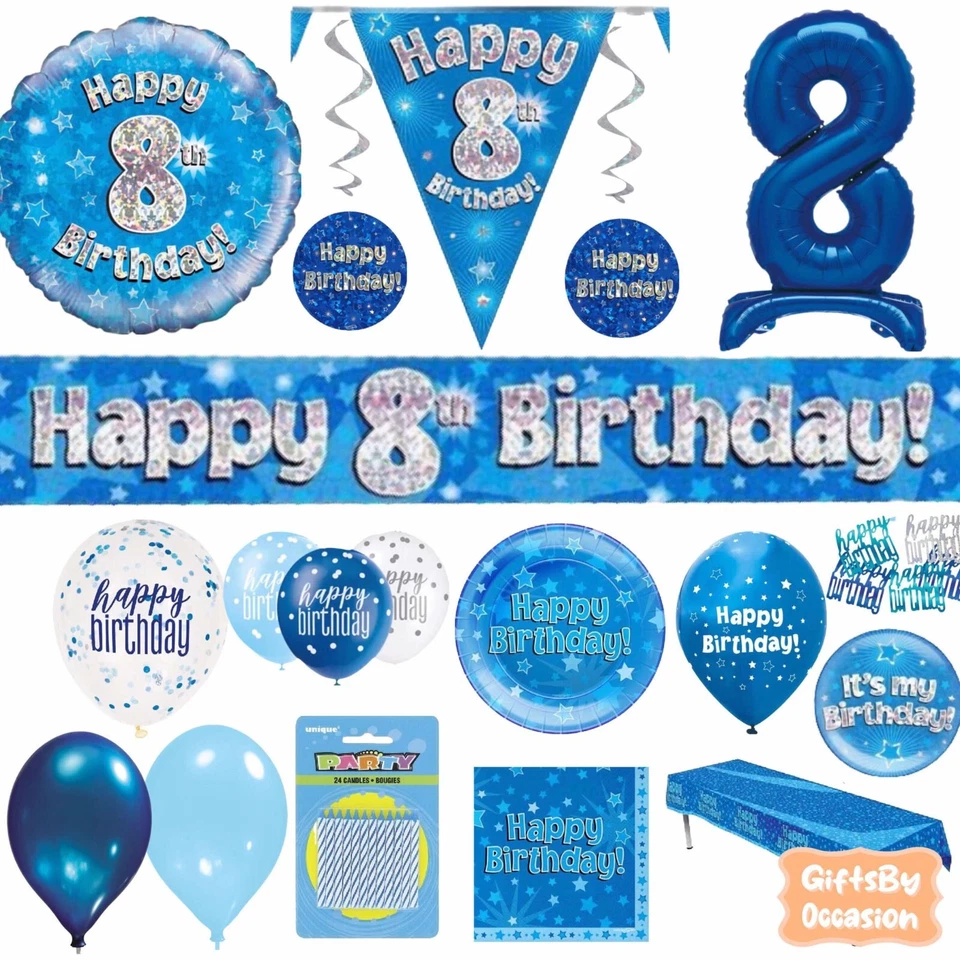 OAKTREE UK Blue 8th Birthday Decorations Happy Party Banner Bunting Balloons Candle Age 8