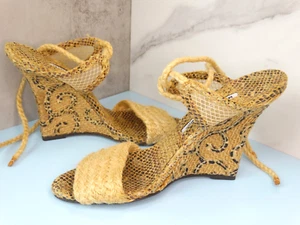 AUTH Manolo Blahnik Raffia Snake Leather Strappy Tie Wedge Sandals Mules 37 Y2K - Imagen 1 de 23