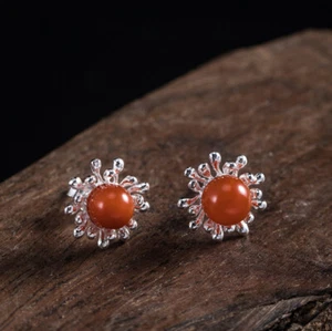 I04 Earring Studs Star-Shaped Silver 925 Bloom With Ball Made Of Red Agate - Bild 1 von 7