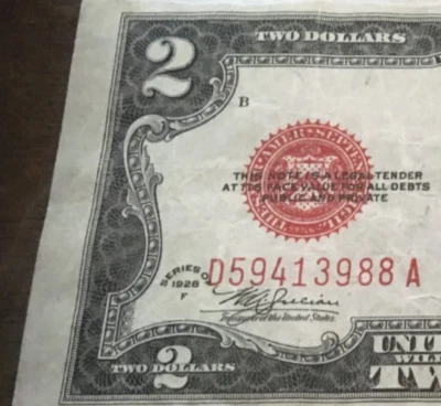 1928 F $2 misalignment RED SEAL NOTE circulated serial # shifted to left error - Image 1 of 3