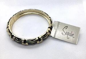 NWT  Nordstrom SEQUIN Black Enamel Gold-Tone Rhinestone Bangle Hinged Bracelet - Picture 1 of 3