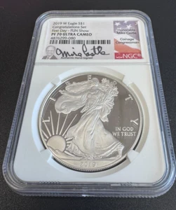2019 W PF SILVER EAGLE PCGS PR70 ULTRA CAMEO FDI CONGRATULATIONS SET FUN SHOW - Picture 1 of 2