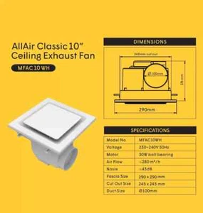 Modura AllAir Classic 10" 290mm Square Ceiling Mounted Duct Exhaust Fan Bathroom - Picture 1 of 2