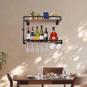 Vintage 2 Tiers Wine Rack Wall Mounted Floating Bar Home Glass Hanging Shelves - Picture 1 of 16