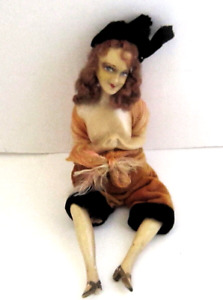 Antq. 10" Flapper Doll/Partial Nude Hand Painted Wood/Wired Joints/Orig. Clothes