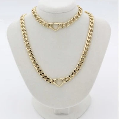 14K золото покрытием сердце кубинский цепочка ошейник ожерелье и браслет комплект водонепроницаемый - Изображение 1 из 4