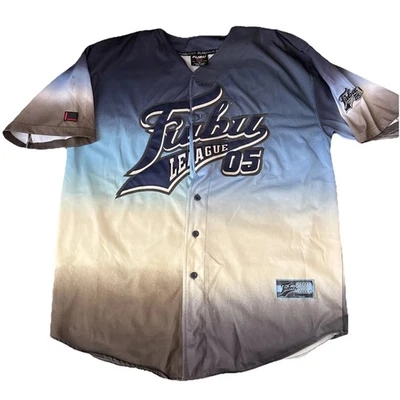 复古 90 年代 FUBU 棒球球衣 XL Ombre 渐变补丁脚本标志蓝色黑色 — 第 1/4 张图片