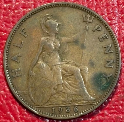 HIGHER GRADE 1936 GREAT BRITAIN ENGLISH 1/2 HALF PENNY-NOV077 - Image 1 of 2