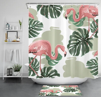 Tropical Plant Monstera Pink Flamingo Shower Curtain Set for Bathroom Decor - Image 1 of 4