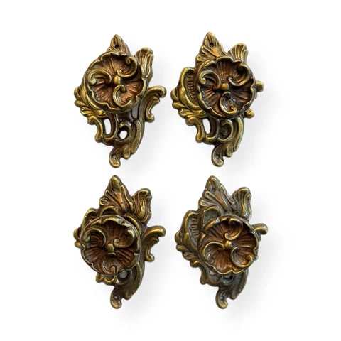 4 Antique Vintage Brass Drawer Pull Knobs Ornate Back Plate or Escutcheons Cover