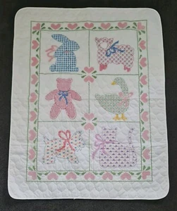 VINTAGE CROSS STITCH QUILT 85cm x 106cm Bunny Dog Sheep Cat Duck Teddy Nursery - Picture 1 of 9