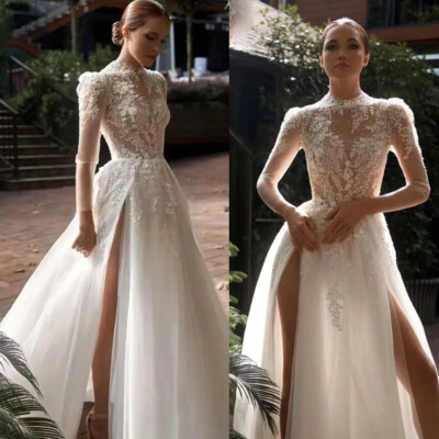 Bohemian Wedding Dress A Line High Neck Lace Beading Applique Long Sleeves - Image 1 of 4