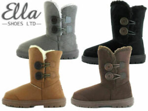 Ladies Ella Winter Boots Womens Faux Fur Sheepskin Mid Calf Button Warm Booties