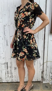 MONKI Chiffon Mini Kleid Tunika zu Stiefeln Rockabilly Blumen Flower Top XS - Bild 1 von 4