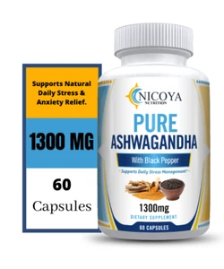 Organic Ashwagandha- Daily Anti-Anxiety & Stress Relief, Mood Booster 1300MG - Picture 1 of 8