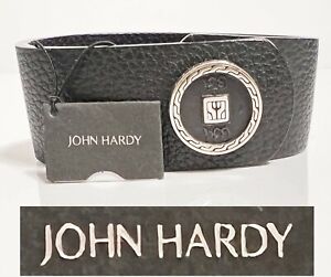 $395 JOHN HARDY Men sz M Classic Chain SS Black Leather Single Coin Bracelet NWT